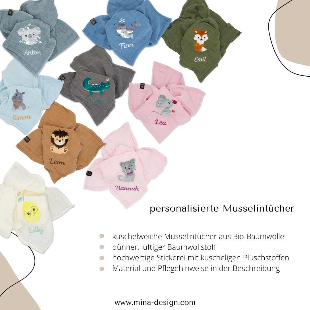 personalisiertes Musselintuch mit Löwe "Leonard"