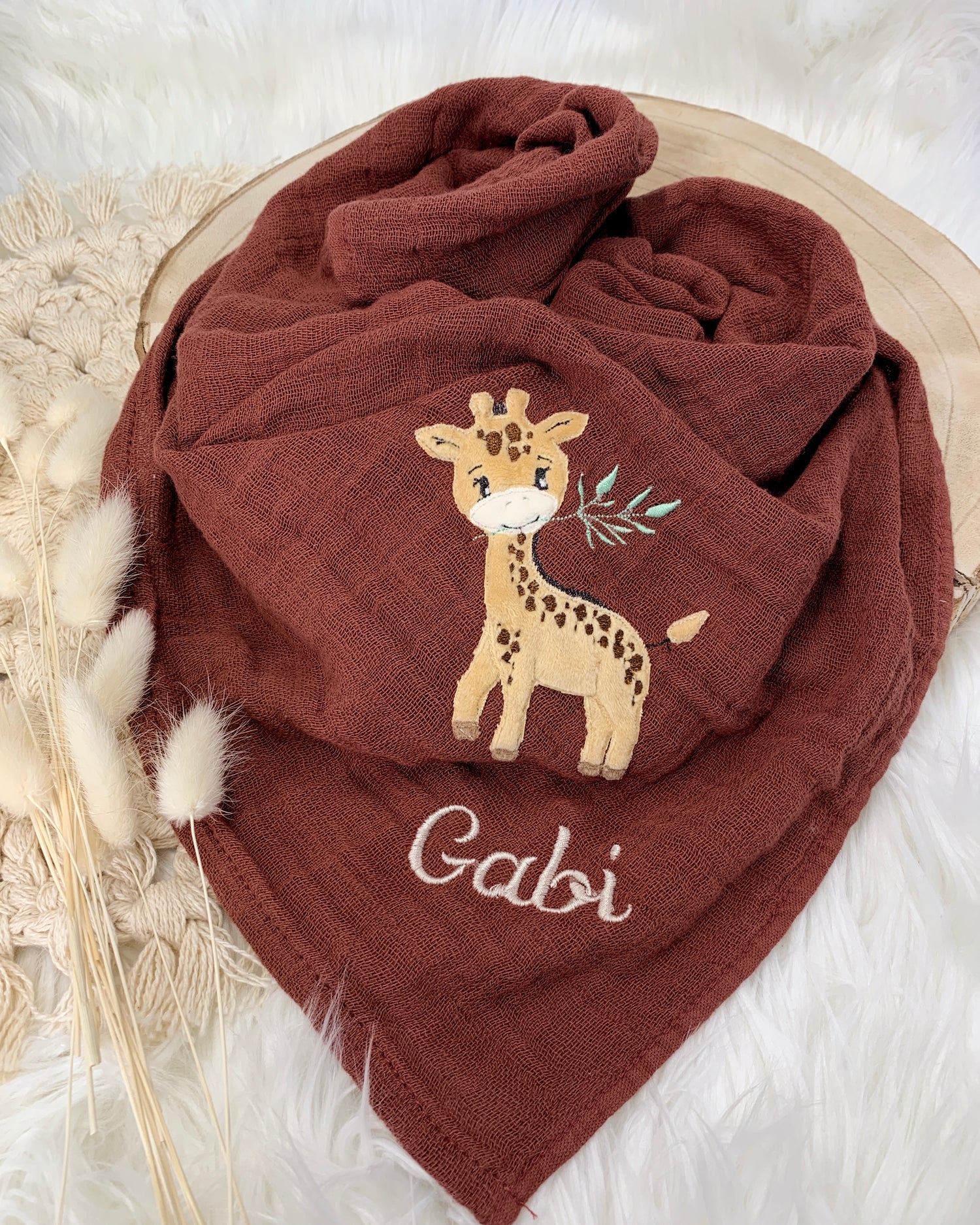 personalisiertes Musselintuch mit Giraffe "Gabi"
