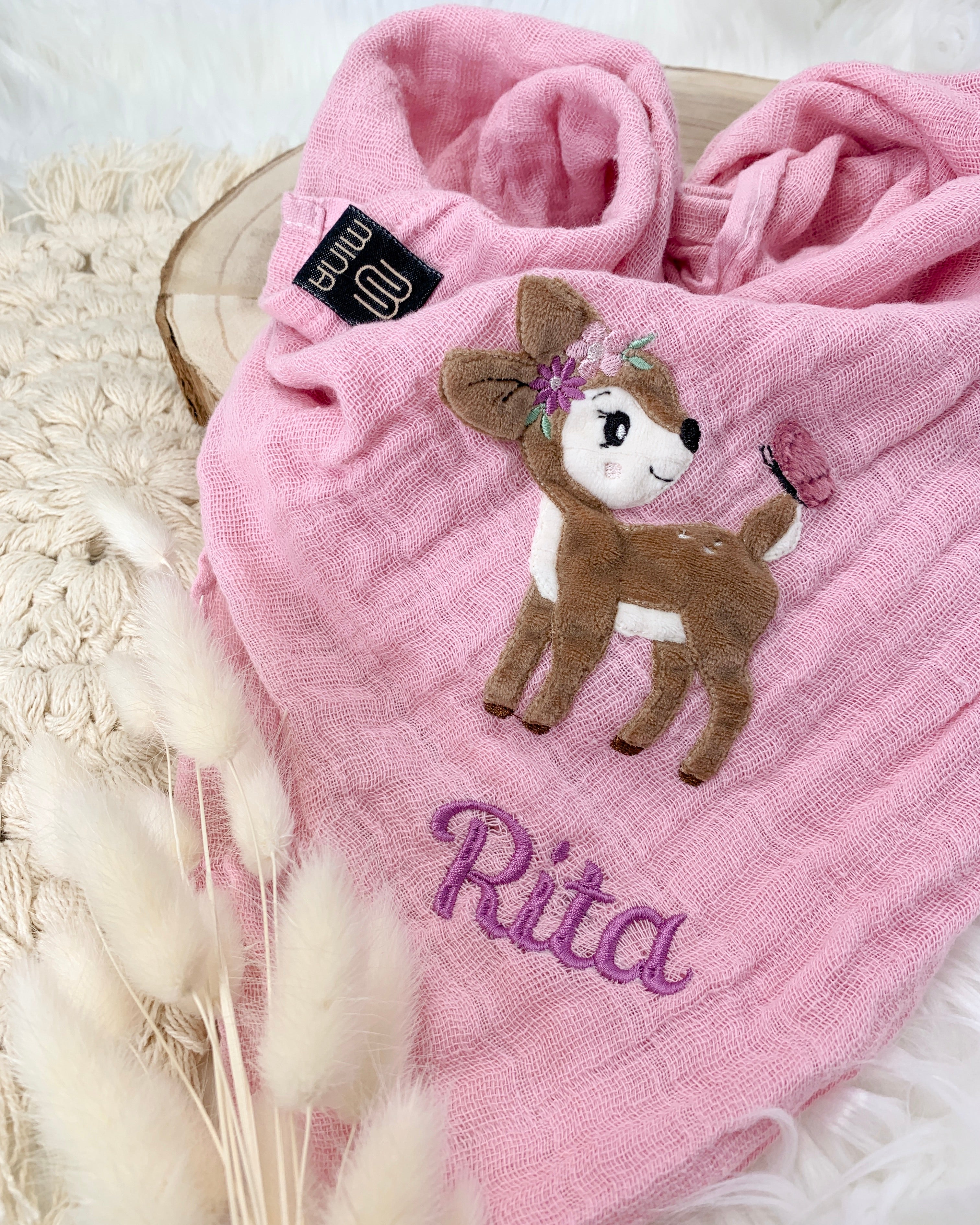 personalisiertes Musselintuch mit Rehkitz "Rita"