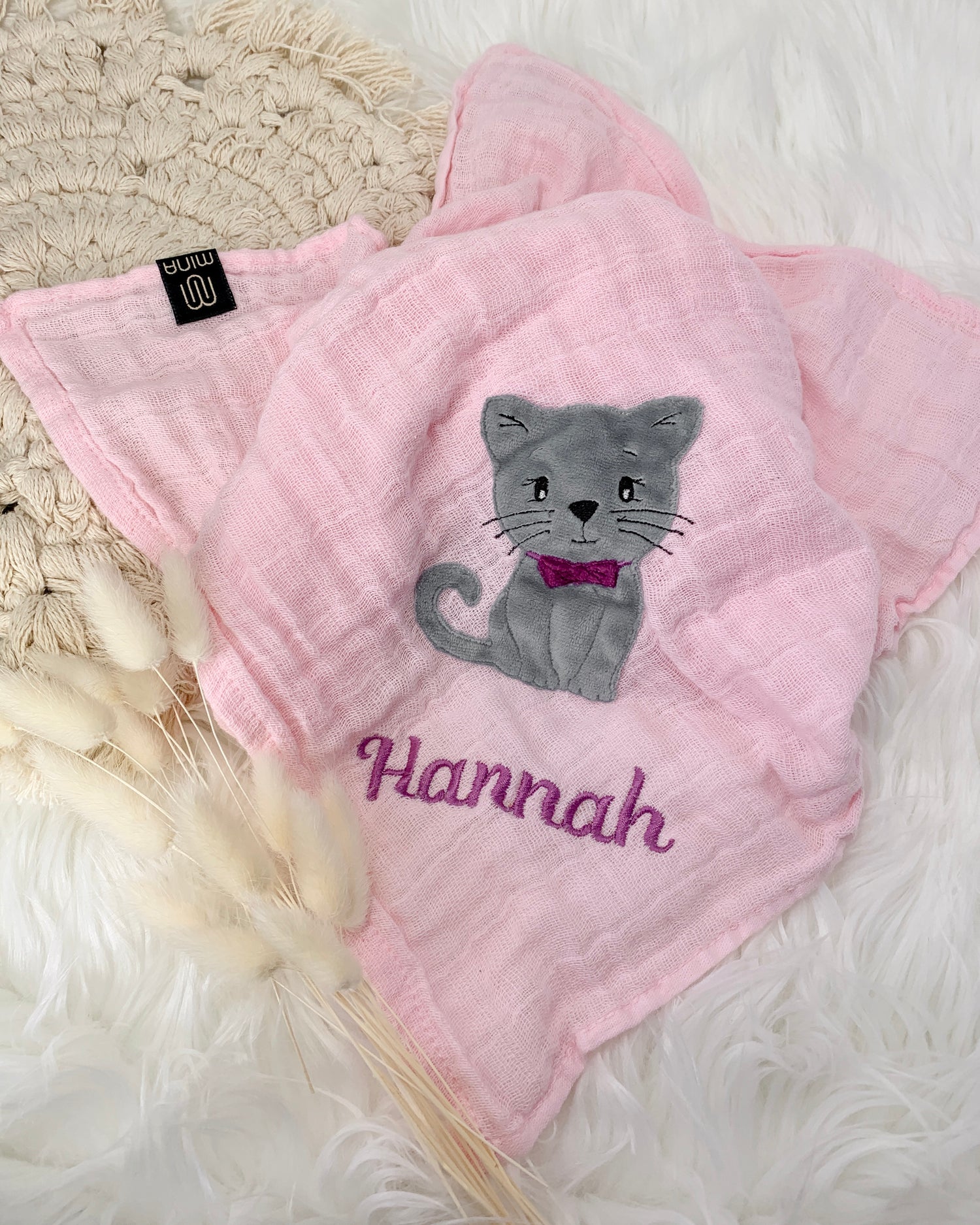 personalisiertes Musselintuch mit Katze "Kira"