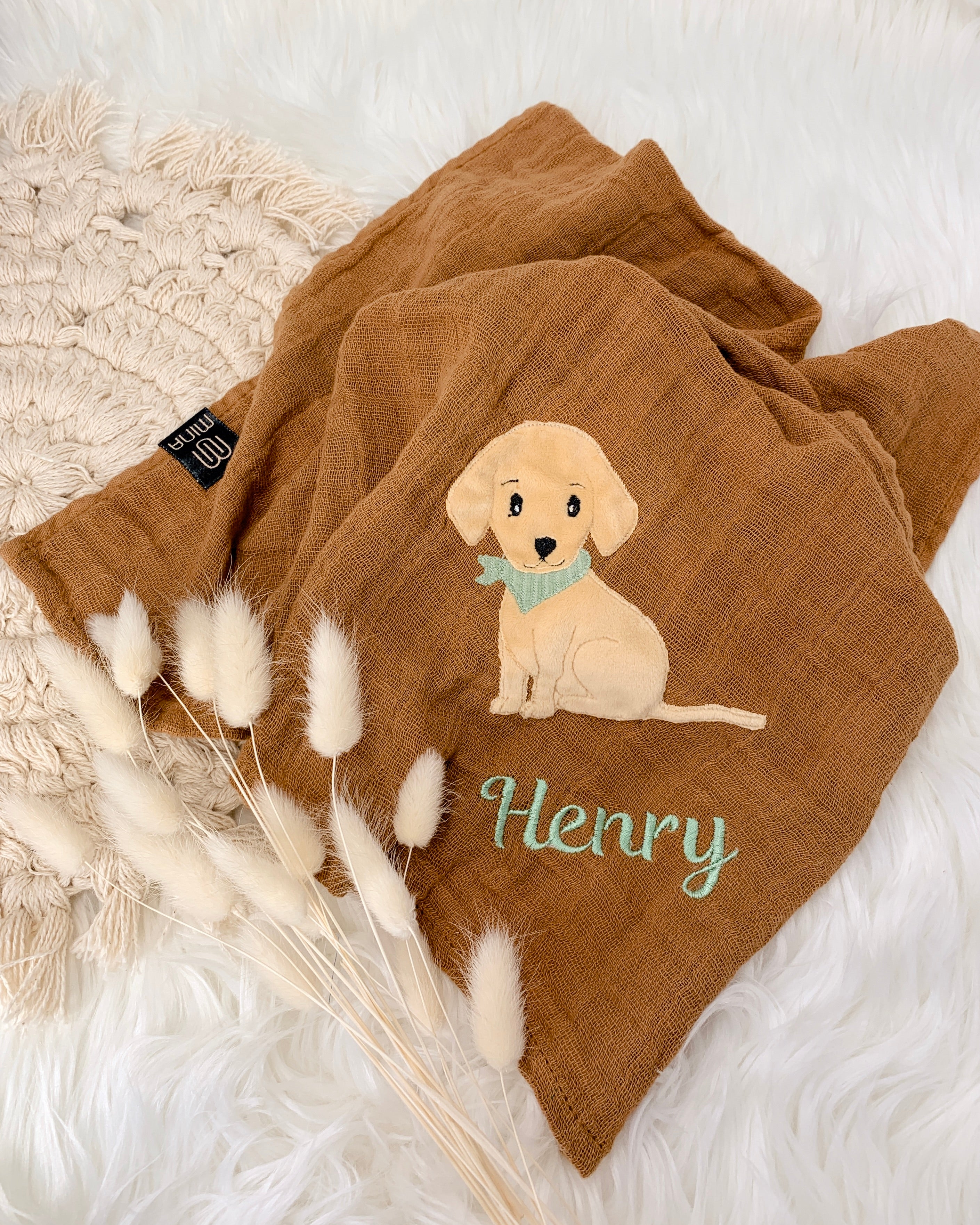 personalisiertes Musselintuch mit Hund "Herkules"