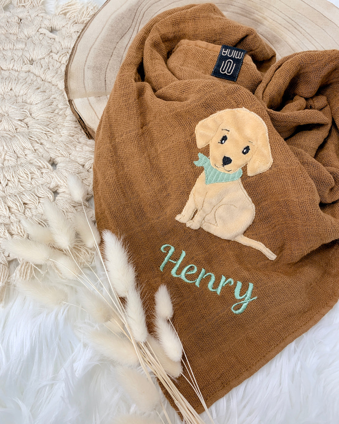 personalisiertes Musselintuch mit Hund "Herkules"