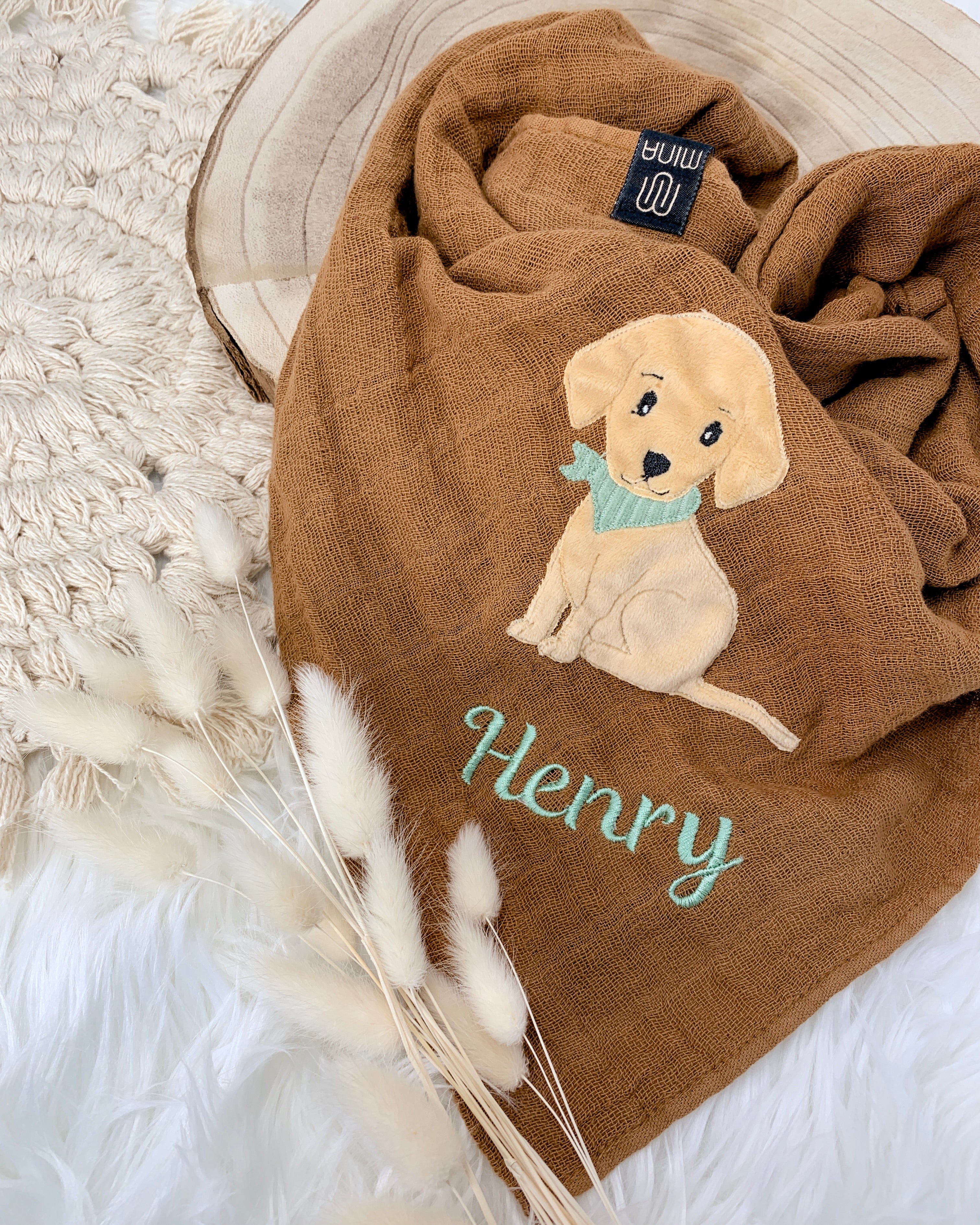 personalisiertes Musselintuch mit Hund "Herkules"