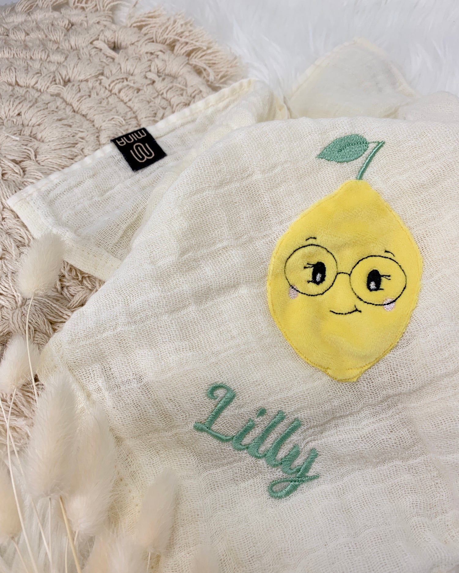 personalisiertes Musselintuch mit Zitrone "Zahra"