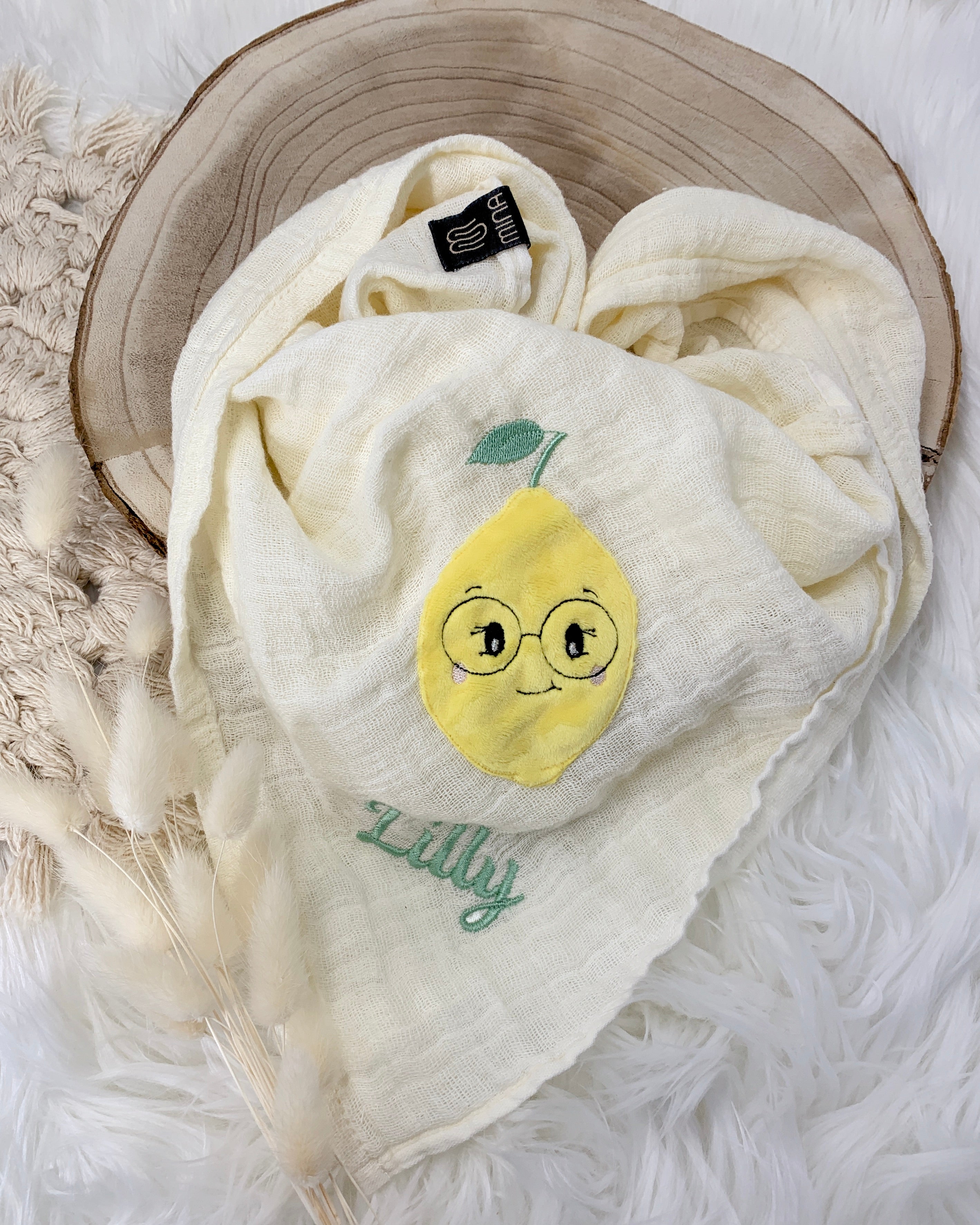 personalisiertes Musselintuch mit Zitrone "Zahra"