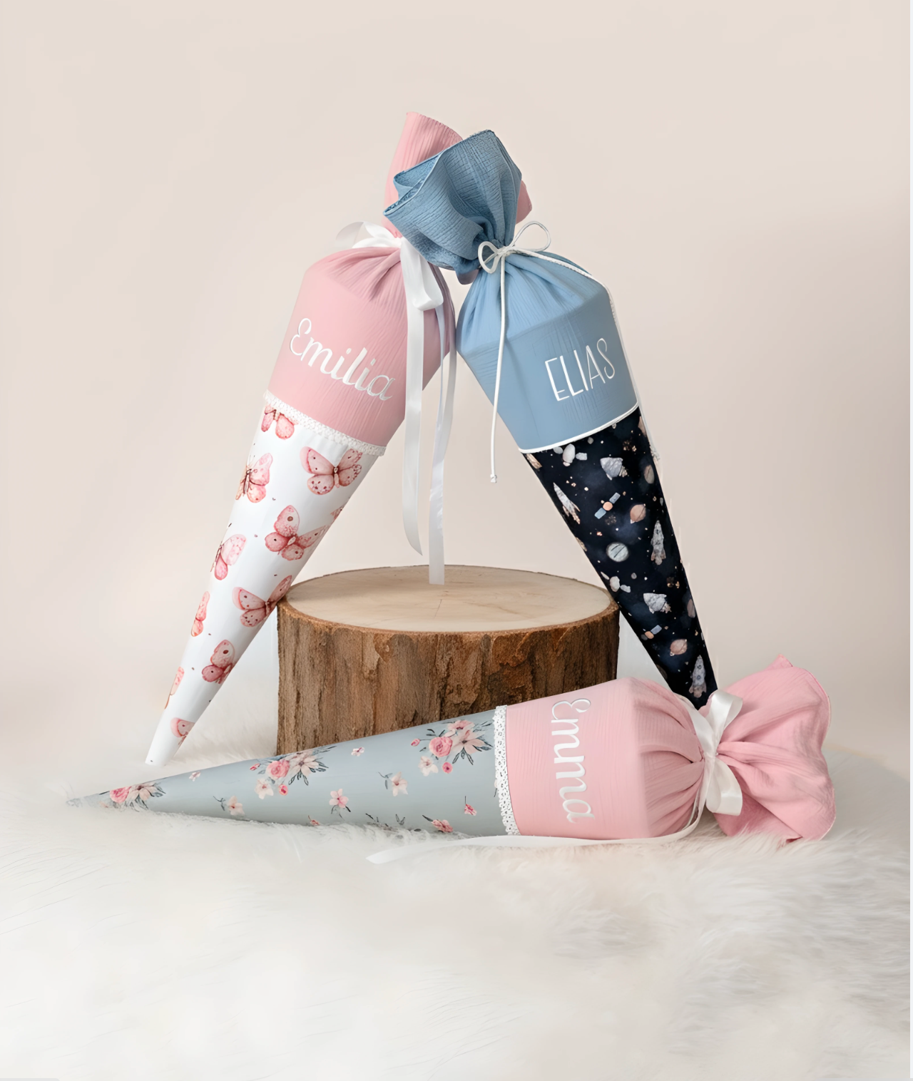 drei Schultüten aus Stoff mit Name