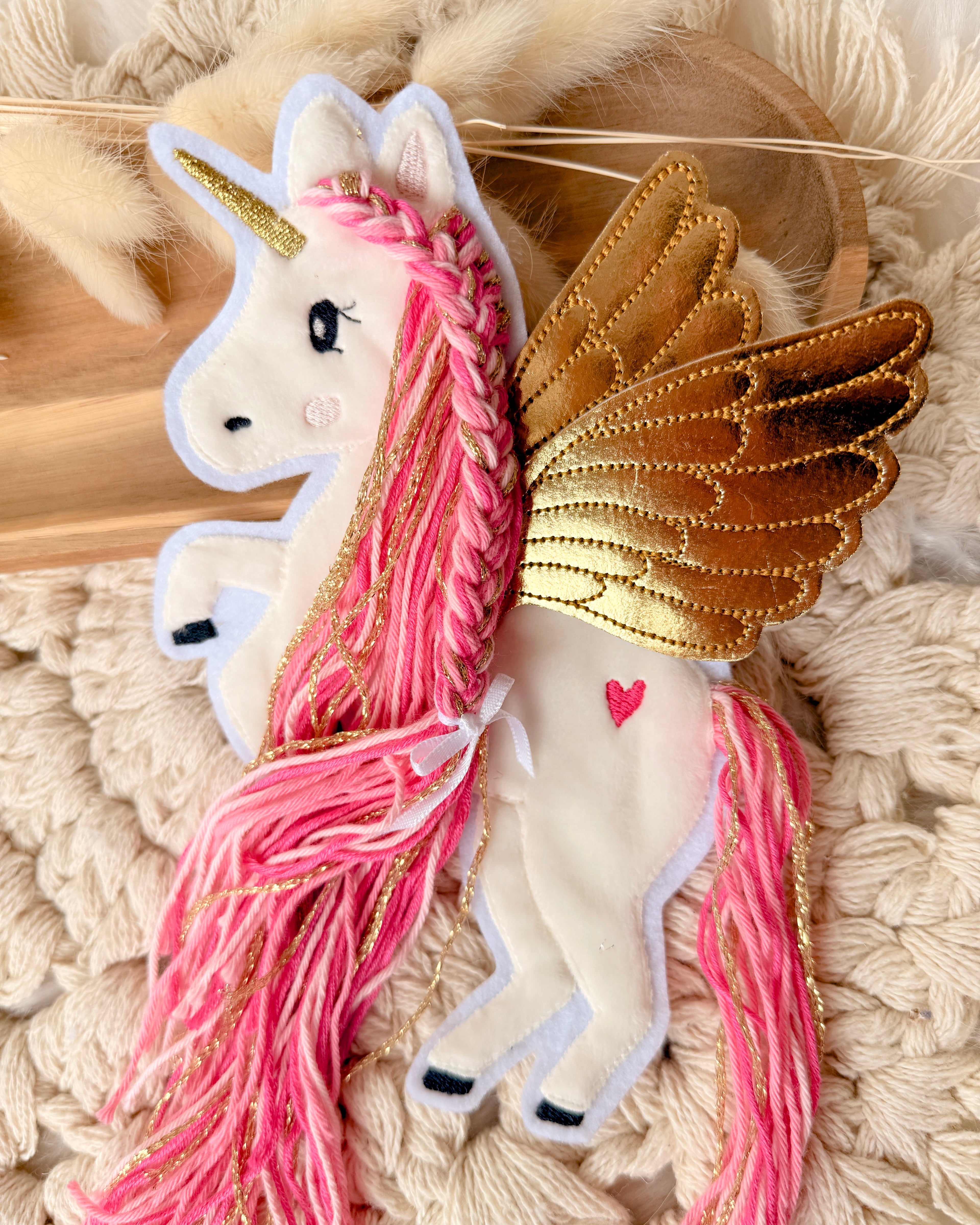 Pegasus Aufnäher Pink und Gold mit Wollmähne