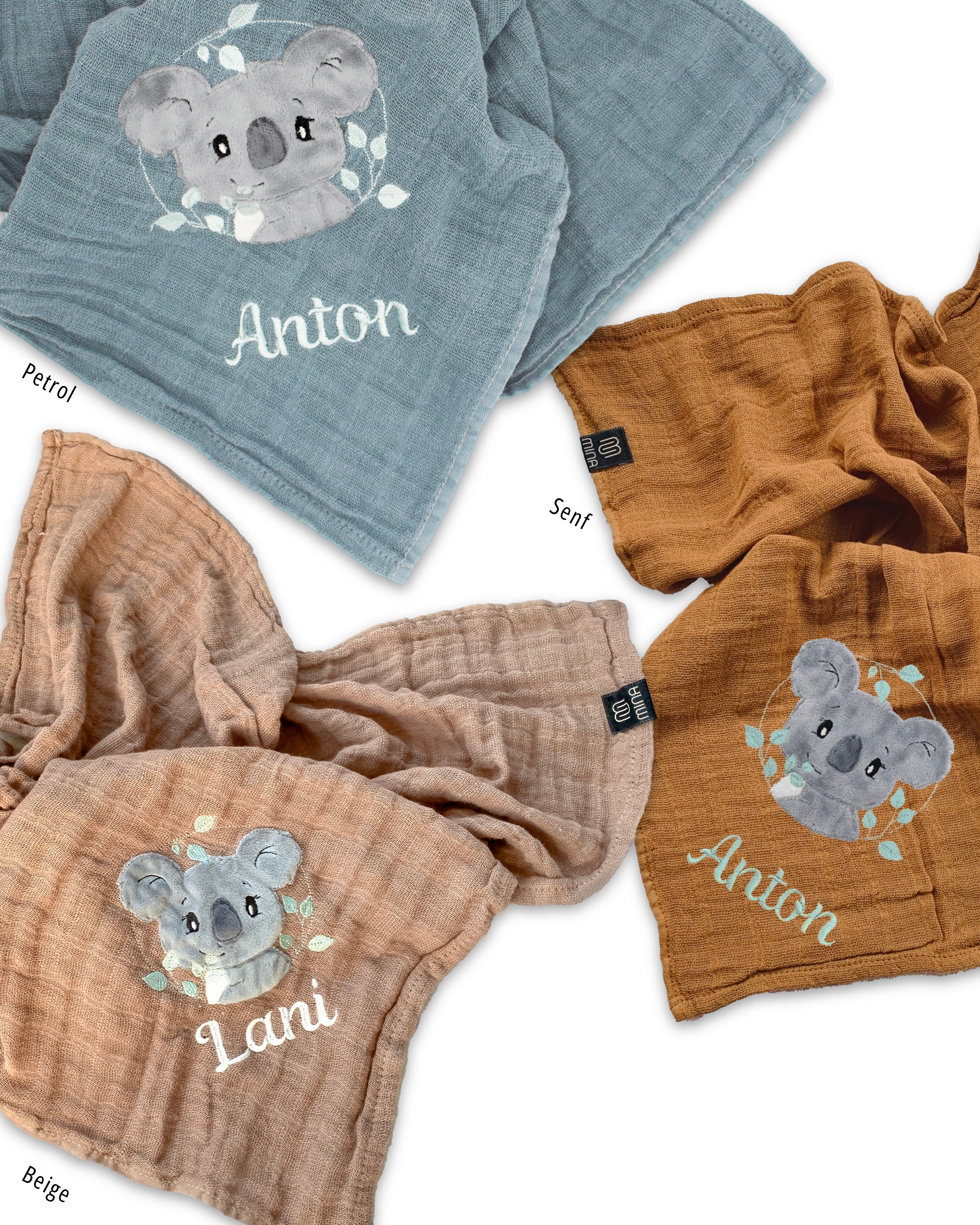 personalisiertes Musselintuch mit Koala "Keno" im Kranz