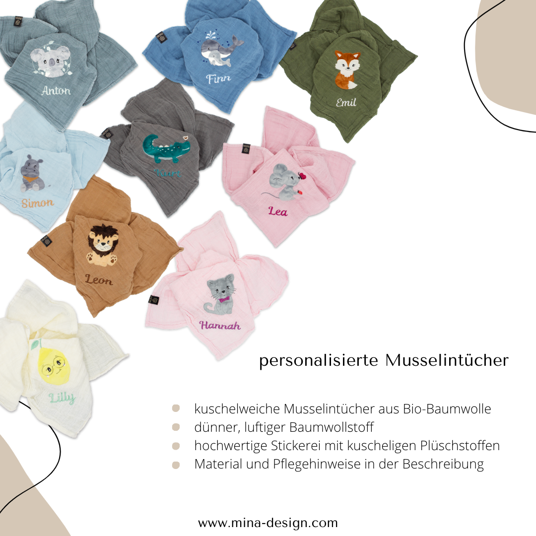 personalisiertes Musselintuch mit Hippo &quot;Henning&quot;