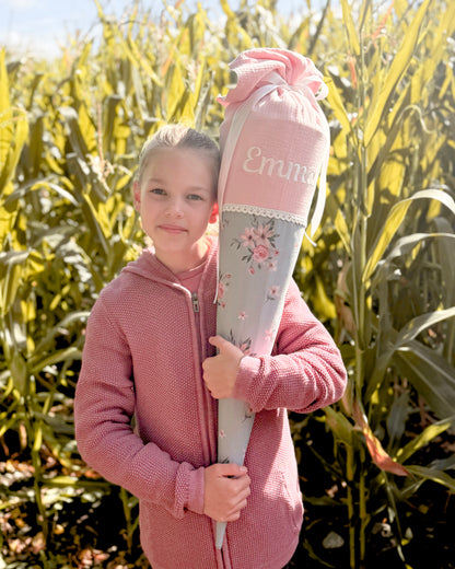 Schultüte aus Stoff Rosa mit Blumen