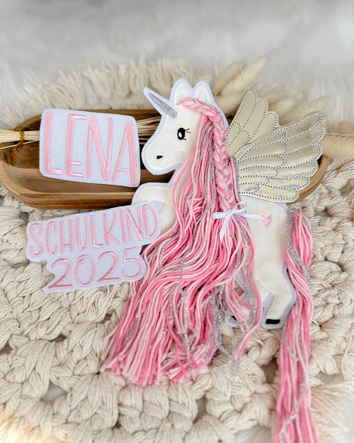 Applikation Pegasus Rosa mit Namen für Schultüte