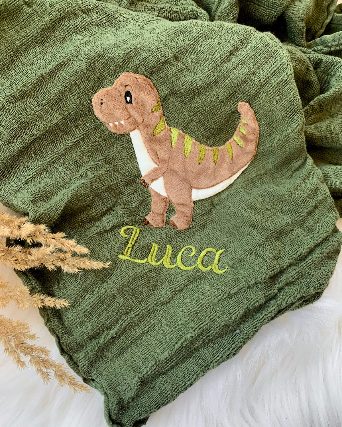 personalisierte Mullwindel mit Dinosaurier