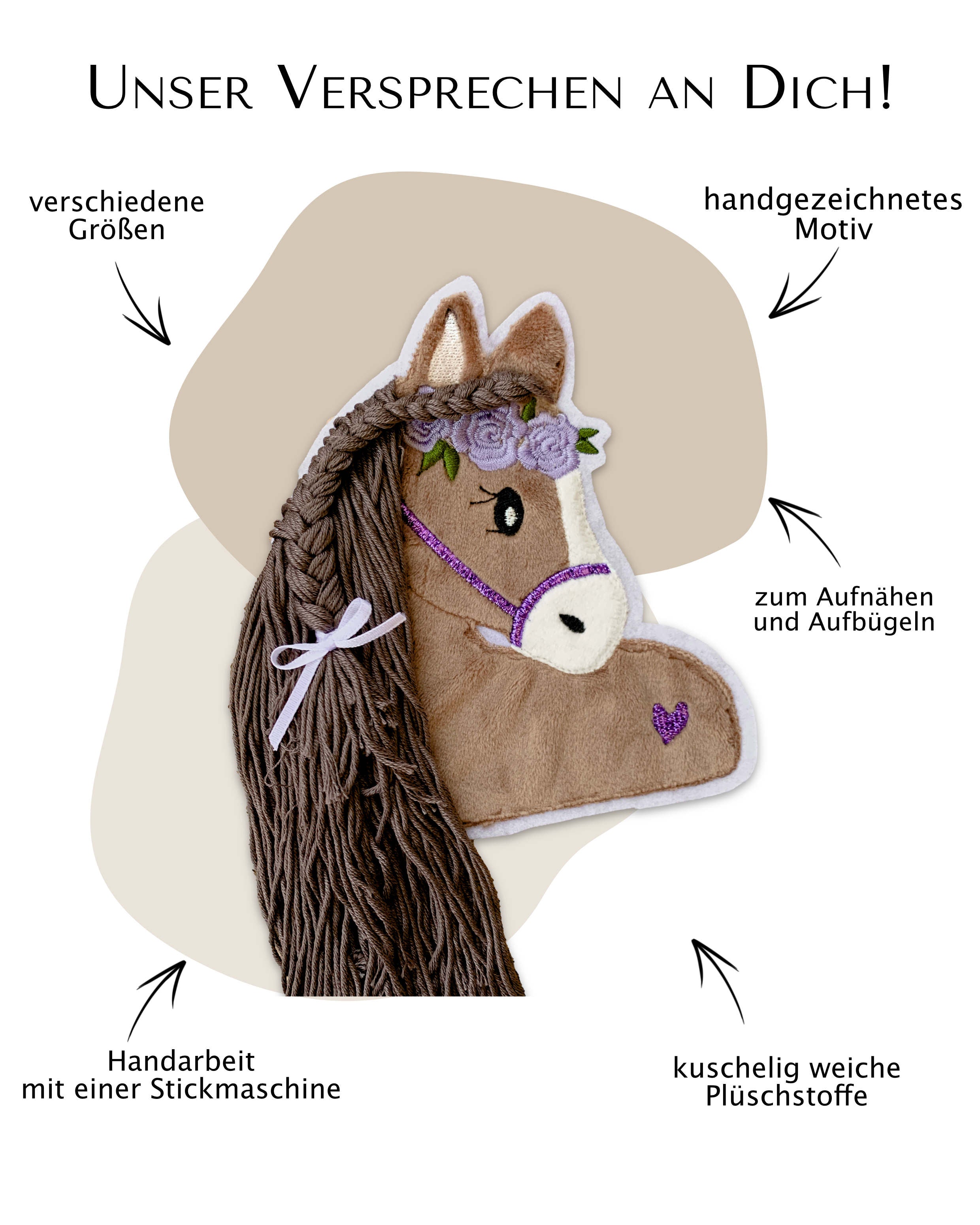 Applikation Pferd &quot;Paula&quot; in Lila mit brauner Wollmähne