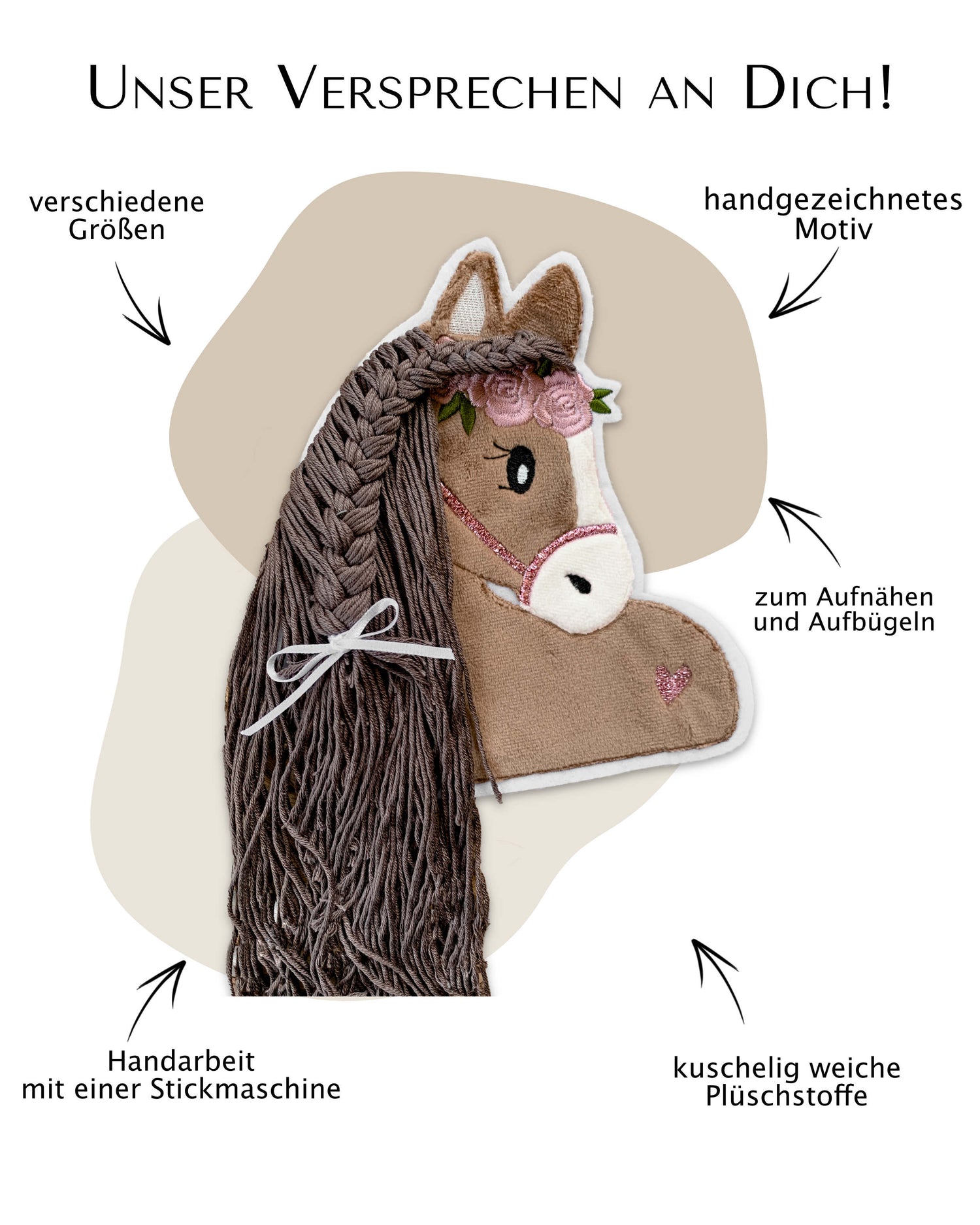 Applikation Pferd &quot;Paula&quot; in Rosé mit brauner Wollmähne
