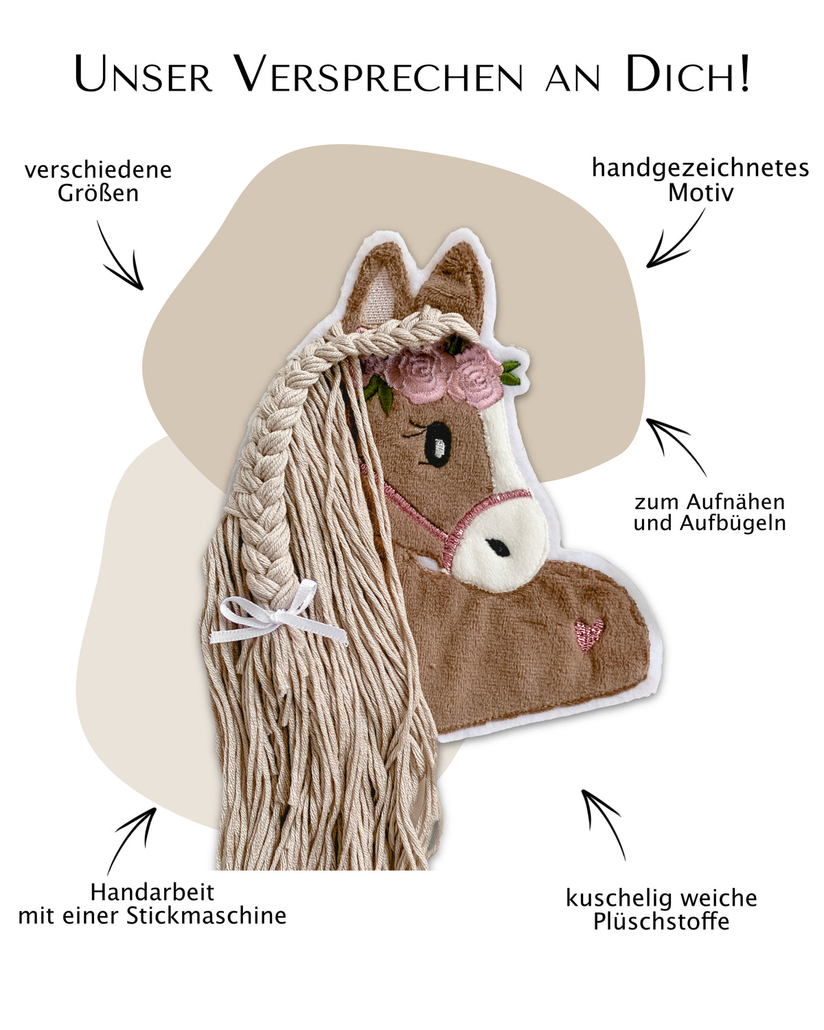 Applikation Pferd "Paula" in Rosé mit beiger Wollmähne