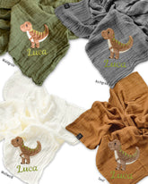 Beispiele Musselintuch TRex mit Namen