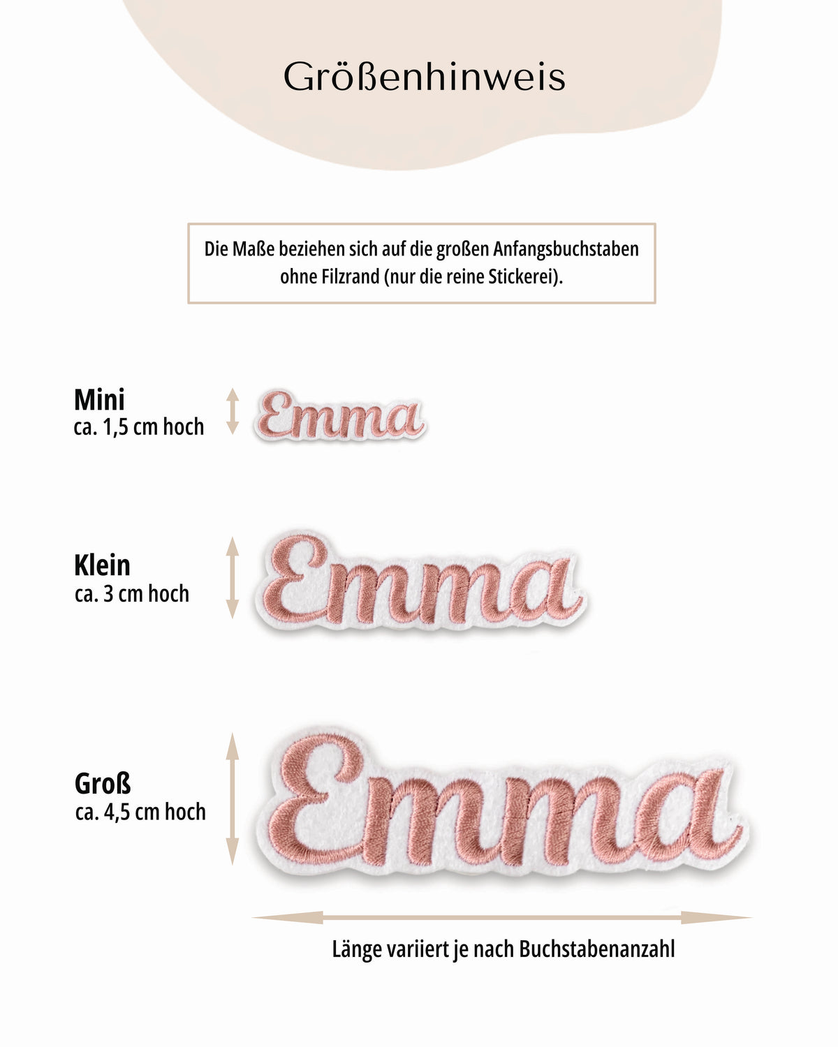 Namensapplikation auf weißem Filz - Schrift 01