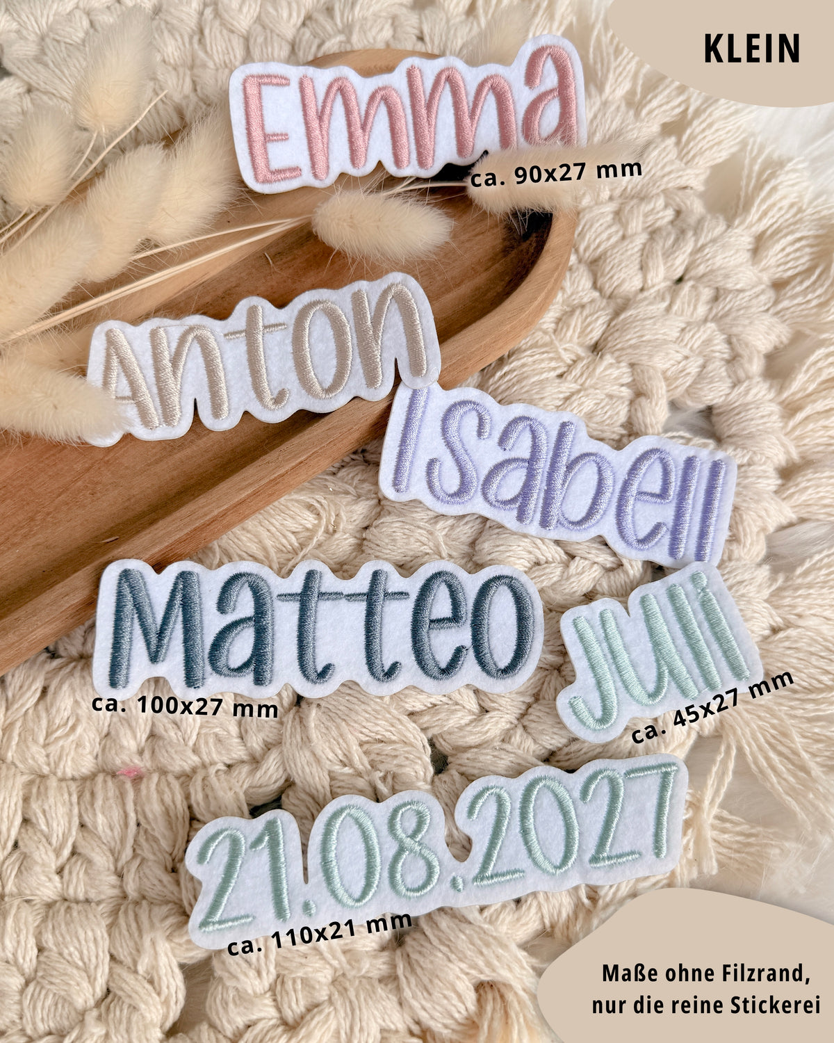 Namensapplikation auf weißem Filz - Schrift 04