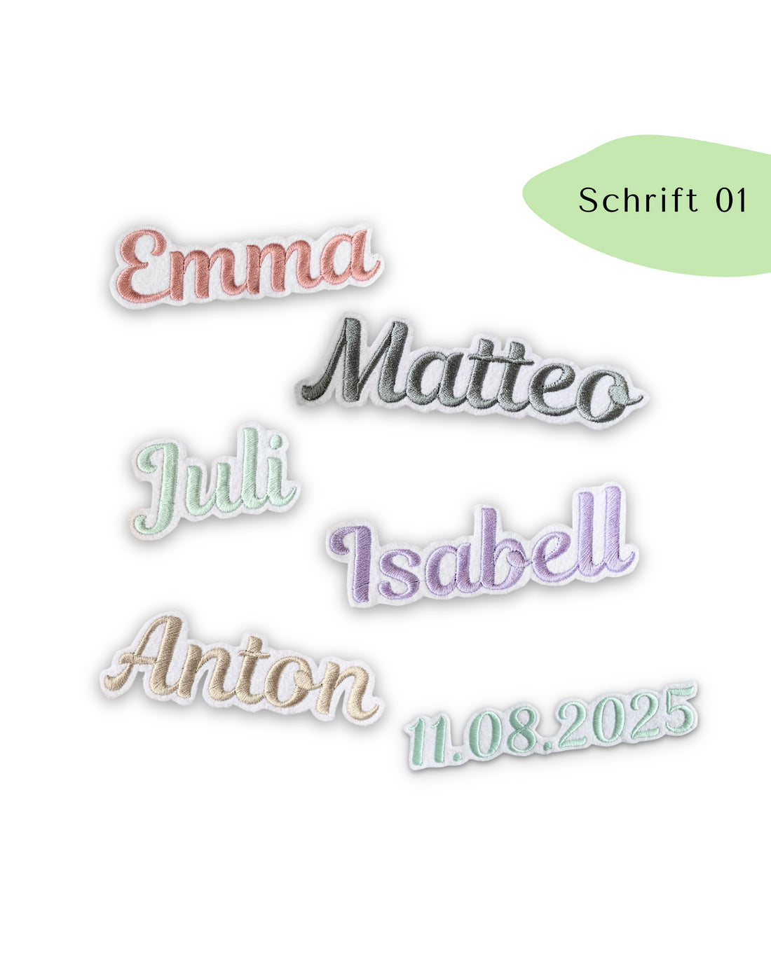 kleine Namensapplikation auf weißem Filz - Schrift 01