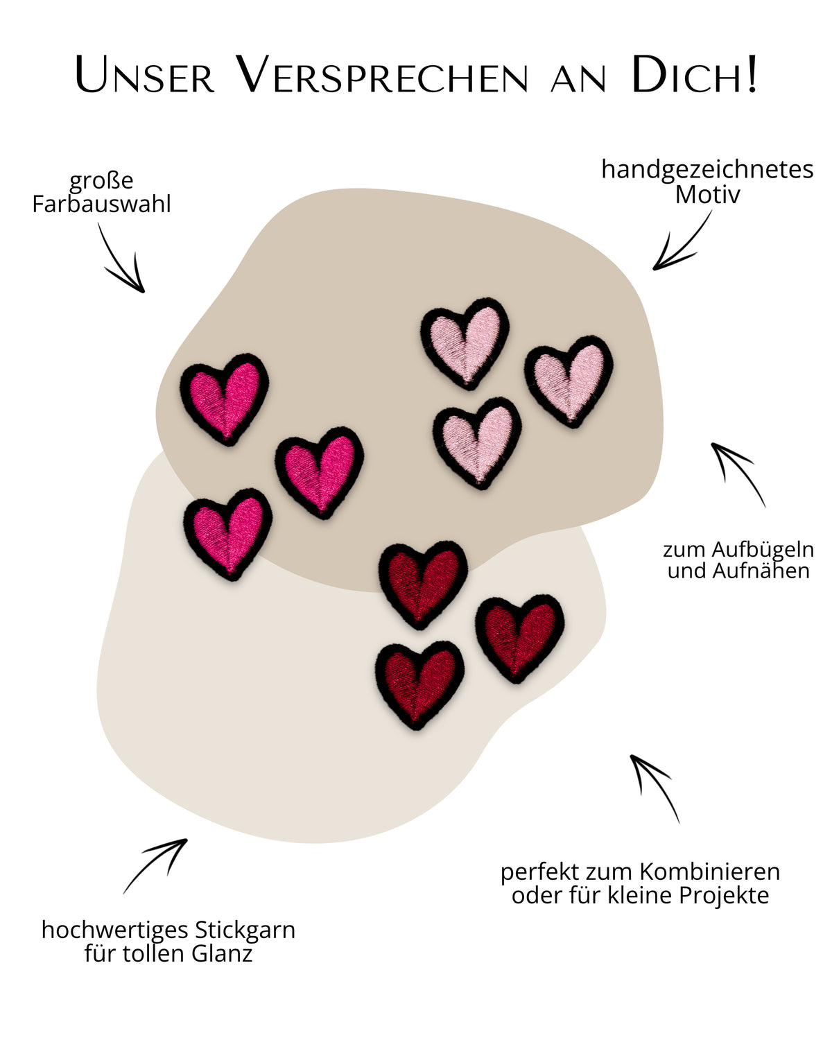 Mini Applikation Herzen "Heidi" auf Schwarz